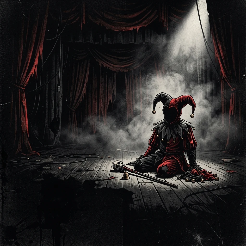 ilustración tributo de un bufón de corte solitario sobre un escenario de teatro vacío, niebla y luz tenue de foco, atmósfera dramática y melancólica, paleta rojo y negro, sin rostros reconocibles ni logos