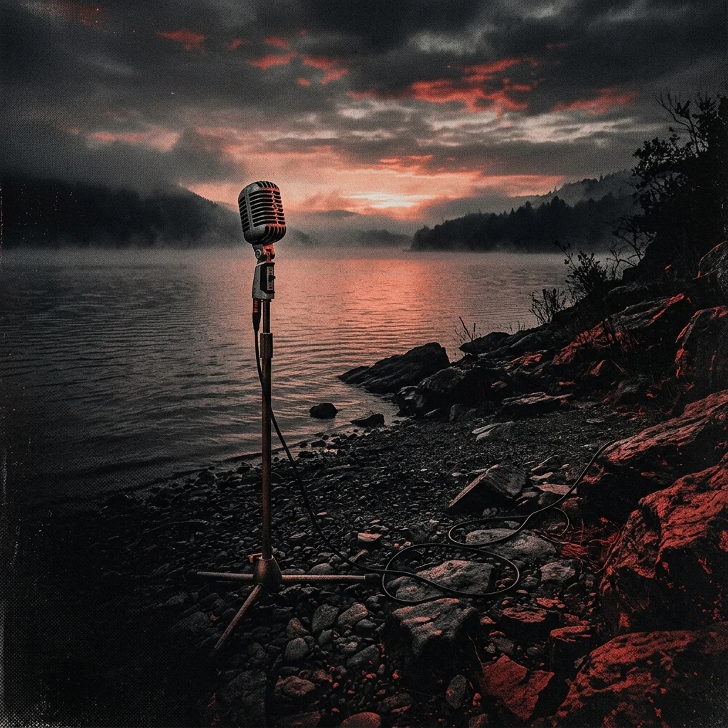 ilustración tributo de una figura solitaria frente a un lago bajo una luz de amanecer tenue y difusa, paisaje onírico y atmosférico, paleta rojo y negro con matices grises, sin rostros ni logos