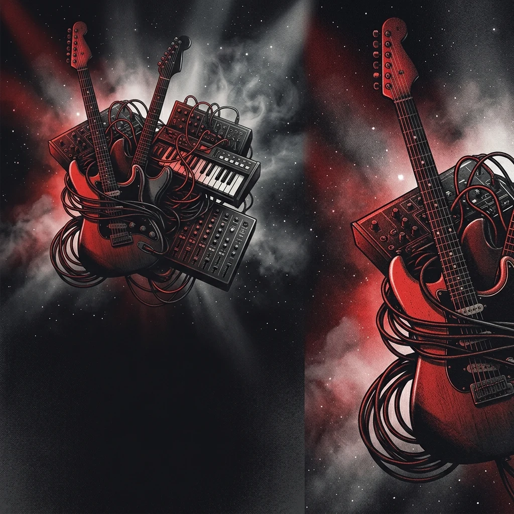 ilustración tributo de sintetizadores y guitarras entrelazados en un espacio entre brumoso y estelar, luz de teatro en penumbra, atmósfera de prog atmosférico y teatral, paleta rojo y negro, sin texto ni logotipos