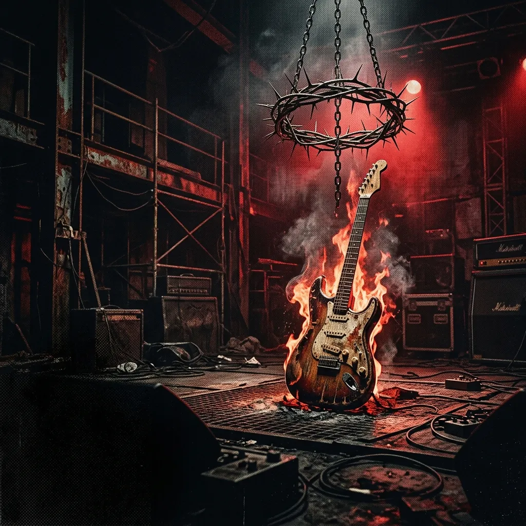 ilustración tributo de una corona de espinas y una guitarra eléctrica en llamas sobre un escenario industrial oscuro, atmósfera teatral y perturbadora, paleta rojo y negro profundo, sin rostros reconocibles ni logos
