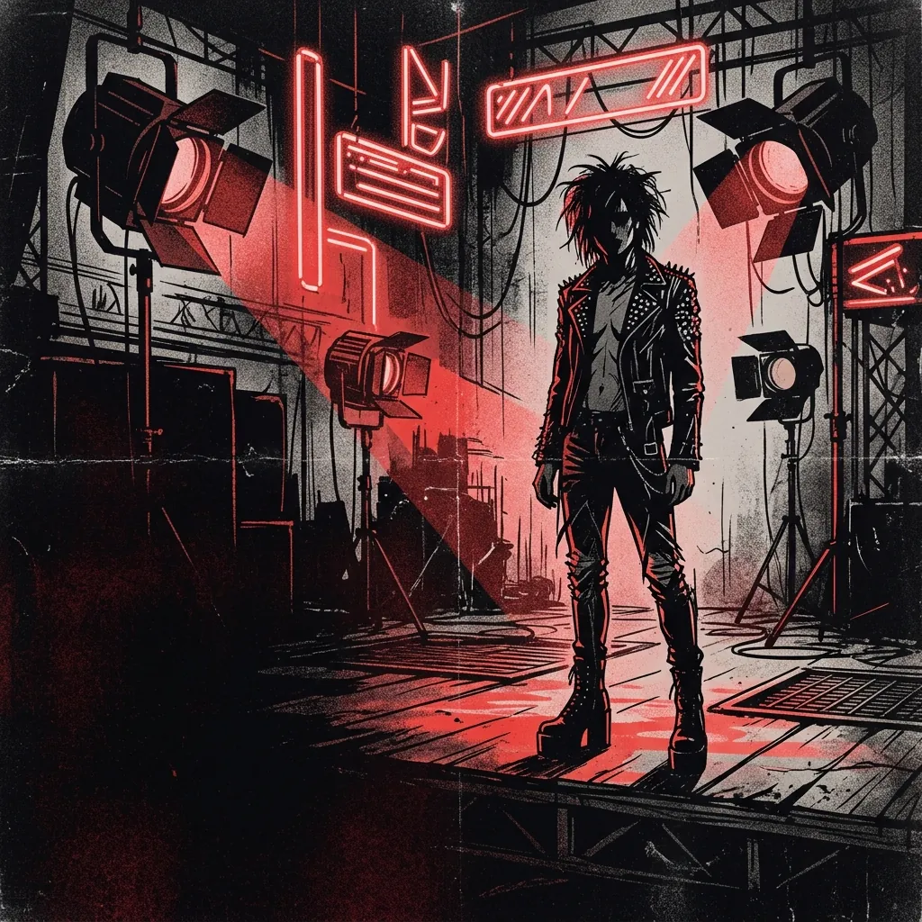 ilustración tributo de una figura andrógina entre reflectores de cine y luces de neón sobre un escenario vacío, estética glam industrial, atmósfera fría y cinematográfica, paleta rojo y negro, sin rostros ni logos