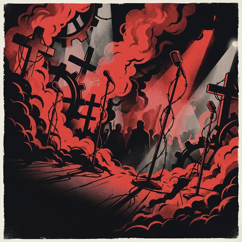 ilustración tributo de un escenario industrial con engranajes, cruces y micrófonos envueltos en humo rojo y negro, atmósfera entre misa oscura y espectáculo de cabaret, sin texto ni logotipos