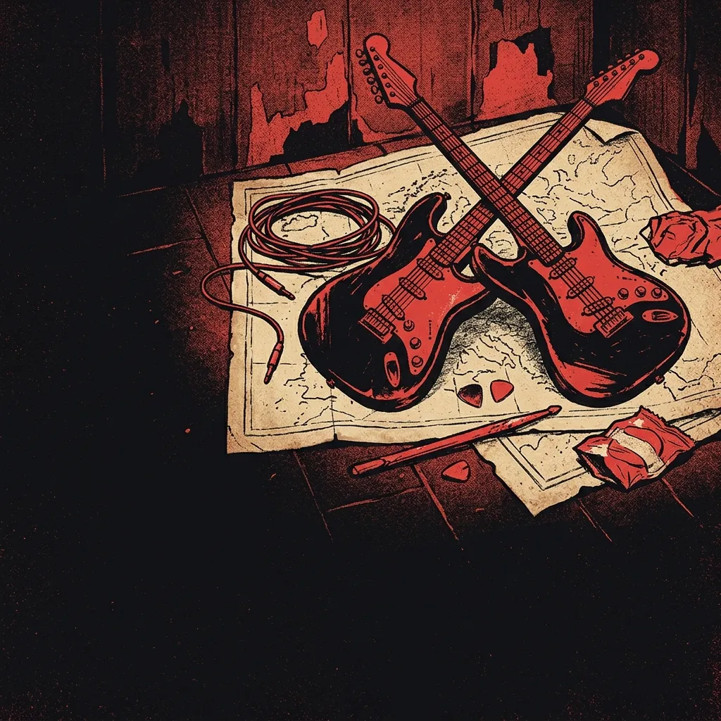 ilustración tributo de dos guitarras eléctricas cruzadas sobre un mapa del norte de Inglaterra, atmósfera de pub y carretera, energía bruta y callejera, paleta rojo y negro, sin rostros reconocibles ni logos