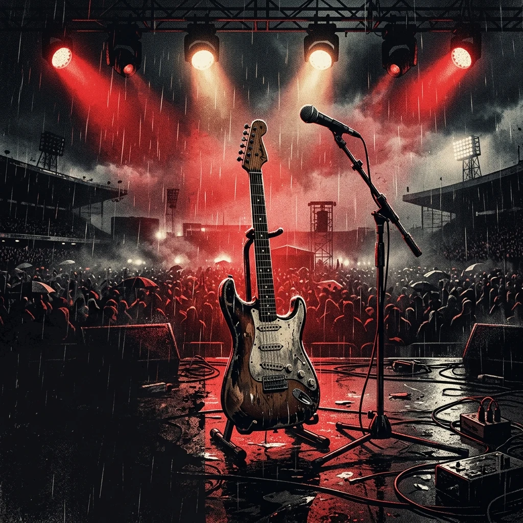 ilustración tributo de un escenario de rock en un estadio al aire libre bajo lluvia británica, focos rojos y negros iluminando una guitarra y un micrófono, sin rostros ni logos