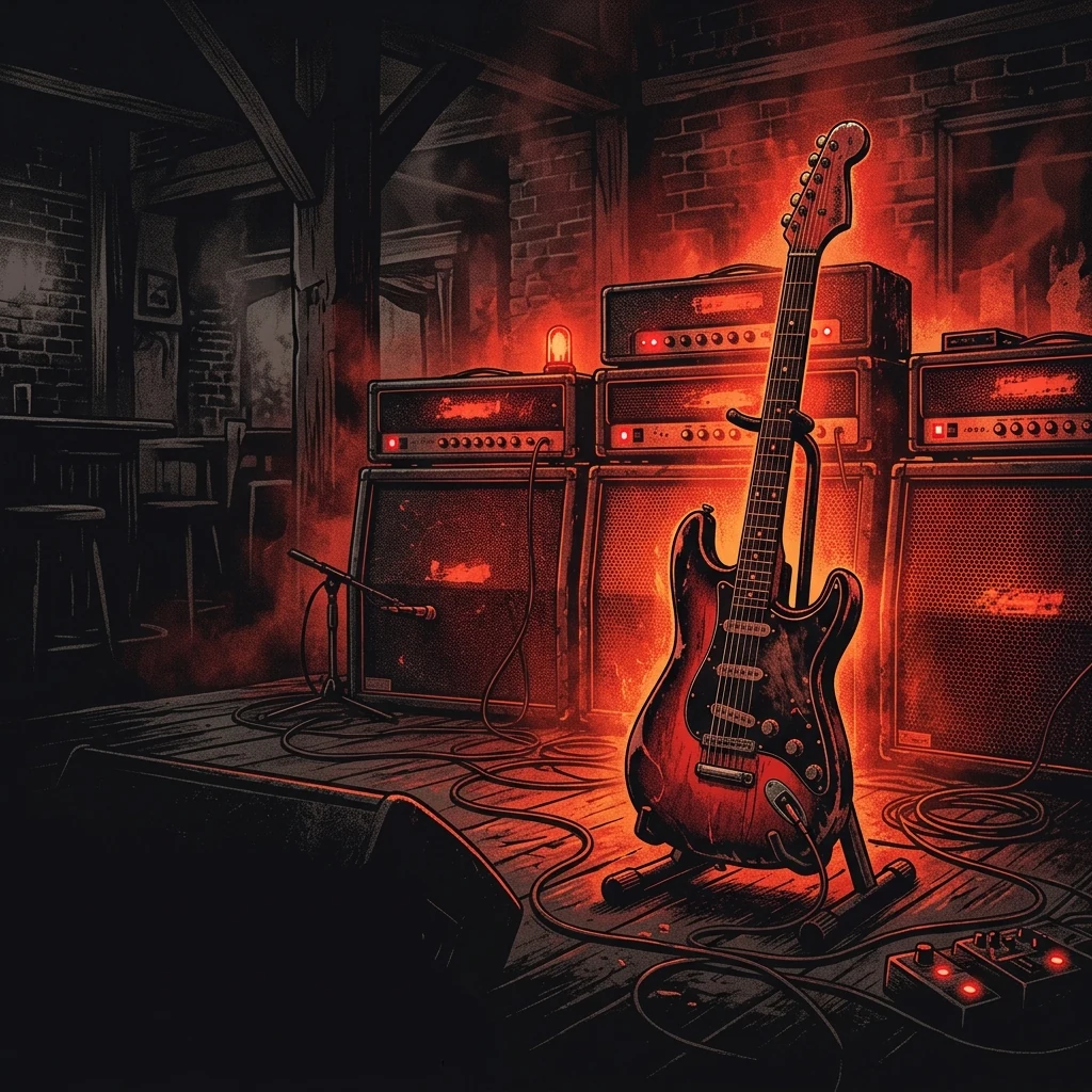 ilustración tributo de una guitarra eléctrica rodeada de amplificadores encendidos en un pub del norte de Inglaterra, atmósfera cálida y feroz a la vez, paleta rojo y negro, sin texto ni logotipos