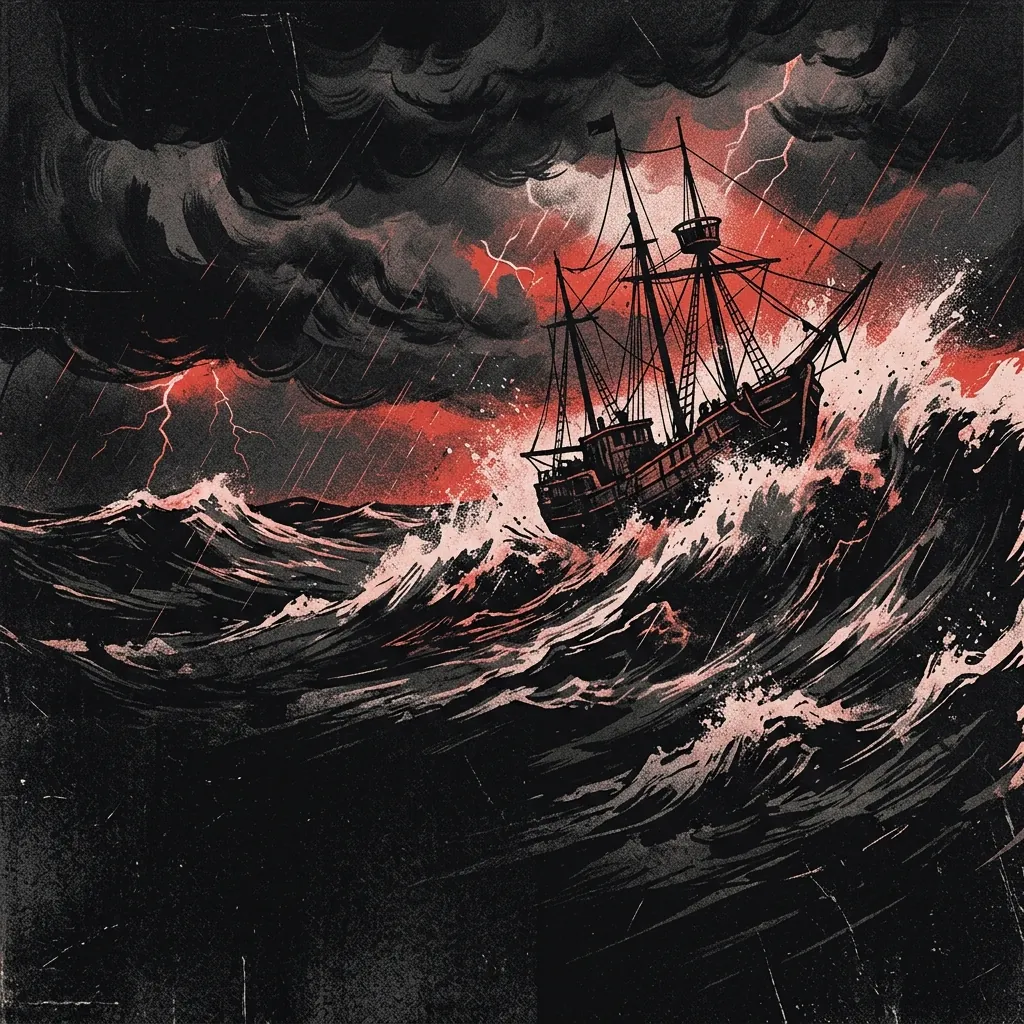ilustración tributo de un barco ballenero enfrentando olas colosales bajo un cielo cargado de tormenta, atmósfera épica y oscura, paleta rojo y negro, sin rostros reconocibles ni logos