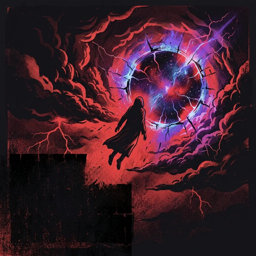 ilustración tributo de un portal de luz cósmica abierto en el centro de una tormenta eléctrica, figura en viaje astral suspendida en el vacío, paleta rojo y negro con destellos violetas, sin rostros ni logos