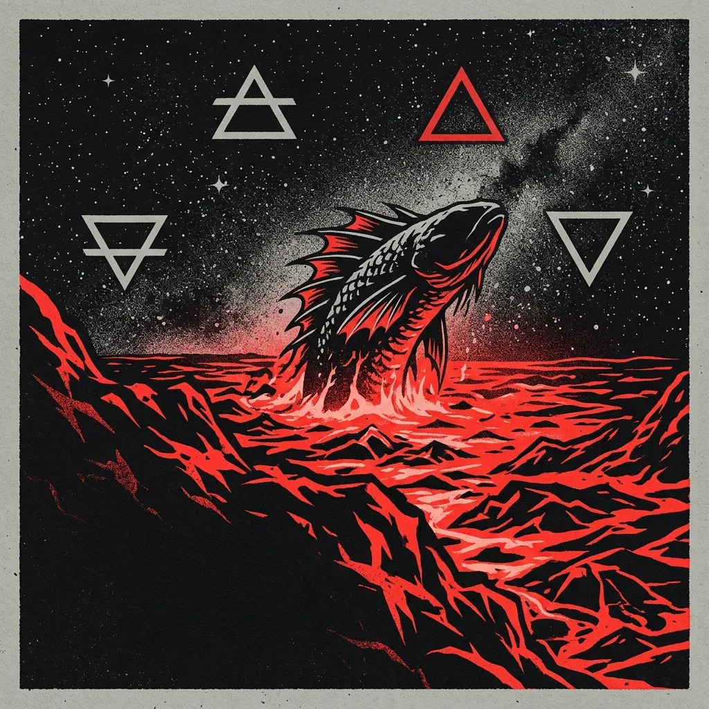 ilustración tributo de una criatura mítica marina emergiendo de un océano de lava bajo un cielo estelar, símbolos alquímicos de los cuatro elementos flotando en el ambiente, paleta rojo y negro, sin texto ni logotipos