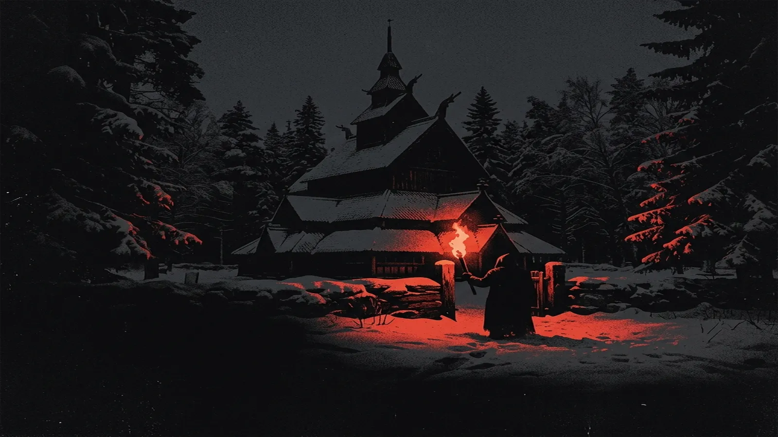 ilustración tributo de un bosque noruego nevado en la oscuridad absoluta con una sola antorcha encendida frente a una iglesia de madera en sombras, atmósfera black metal años 80, sin rostros reconocibles ni logos, paleta rojo y negro