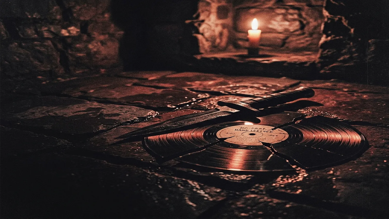 ilustración tributo de una daga y un vinilo roto sobre un suelo de piedra húmeda en un sótano oscuro con una vela encendida al fondo, atmósfera black metal noruego años 90, sin rostros ni logos, paleta rojo y negro intensa