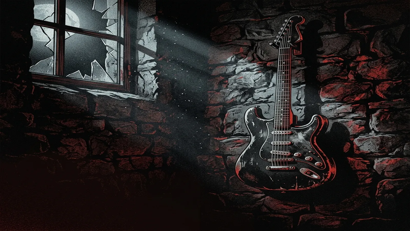 ilustración tributo de una guitarra eléctrica antigua colgada en una pared de piedra oscura bajo la luz fría de la luna que se filtra por una ventana rota, atmósfera black metal nórdico años 90, sin texto ni logotipos, paleta rojo y negro con toques plateados