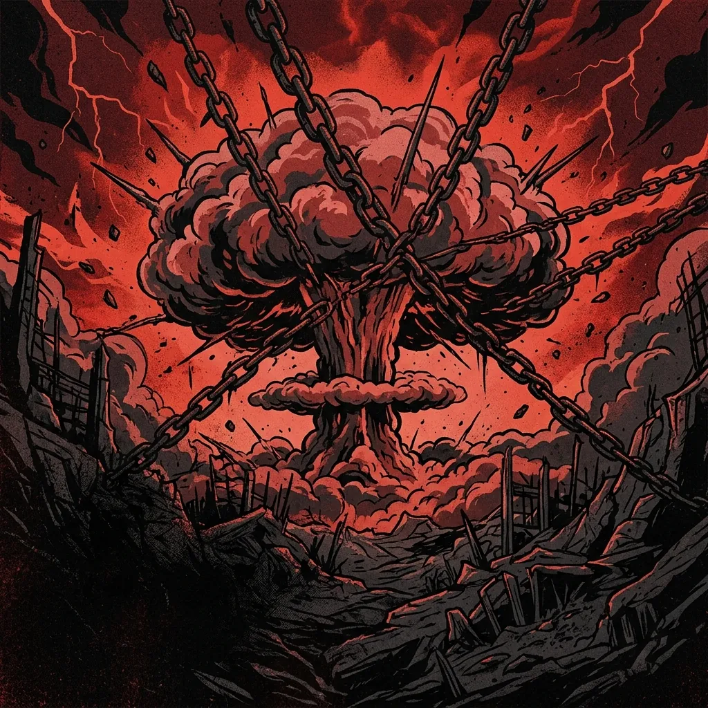 ilustración tributo de una guitarra eléctrica rodeada de esquirlas metálicas y llamas sobre un fondo oscuro de callejones de Los Ángeles, atmósfera thrash metal años 80, paleta rojo y negro, sin rostros reconocibles ni logos