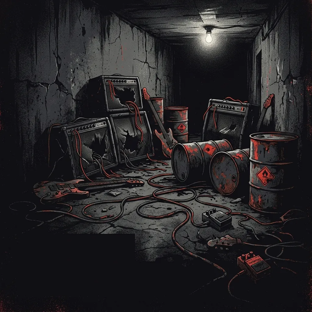ilustración tributo de una calavera metálica custodiando una partitura de thrash en un escenario de estadio bañado en luz roja, paleta rojo y negro, sin rostros ni logos