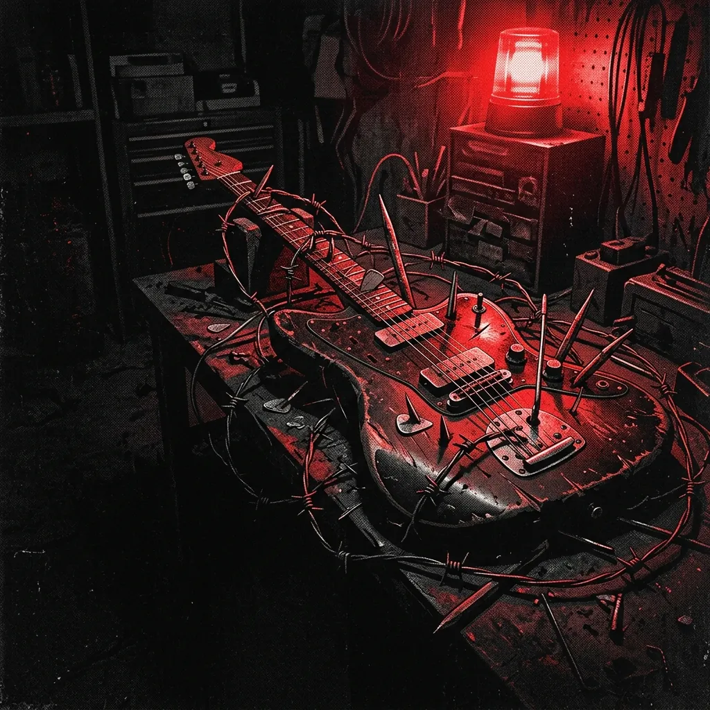 ilustración tributo de dos guitarras eléctricas entrelazadas sobre una partitura en llamas con notas musicales que se convierten en esquirlas metálicas, estética thrash metal técnico, paleta rojo y negro, sin texto ni logotipos