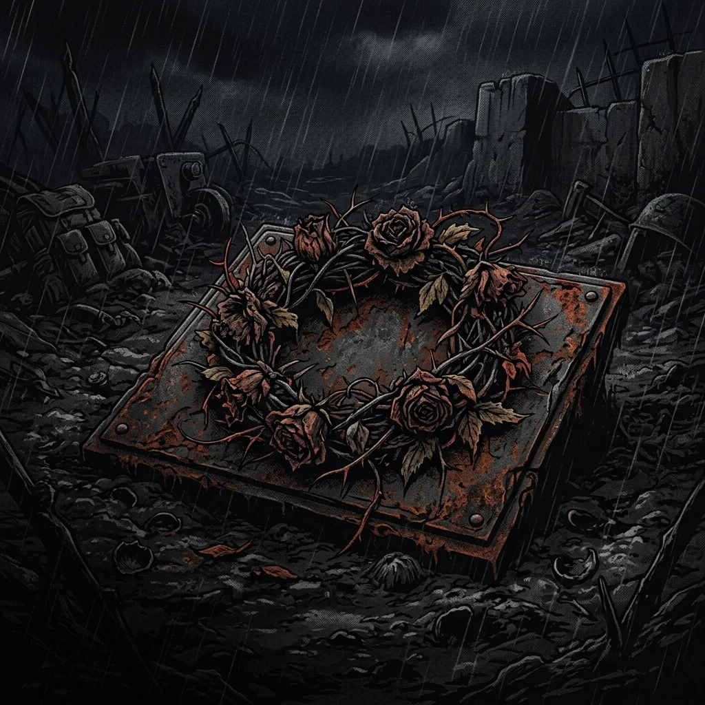 ilustración tributo de una corona de flores marchitas sobre una placa metálica oxidada en un campo de batalla nocturno bajo lluvia, sin rostros reconocibles ni logos, atmósfera death metal old-school británico, paleta rojo y negro