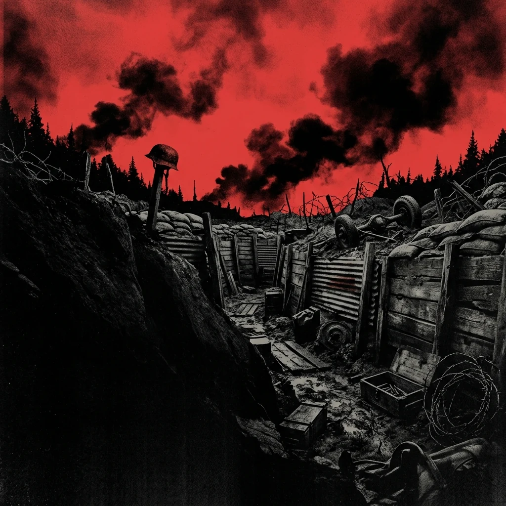 ilustración tributo de trincheras militares bajo un cielo rojo sangre con nubes de humo negro, alambradas y equipamiento abandonado, sin figuras humanas reconocibles ni logos, atmósfera death metal bélico y fúnebre, paleta rojo y negro