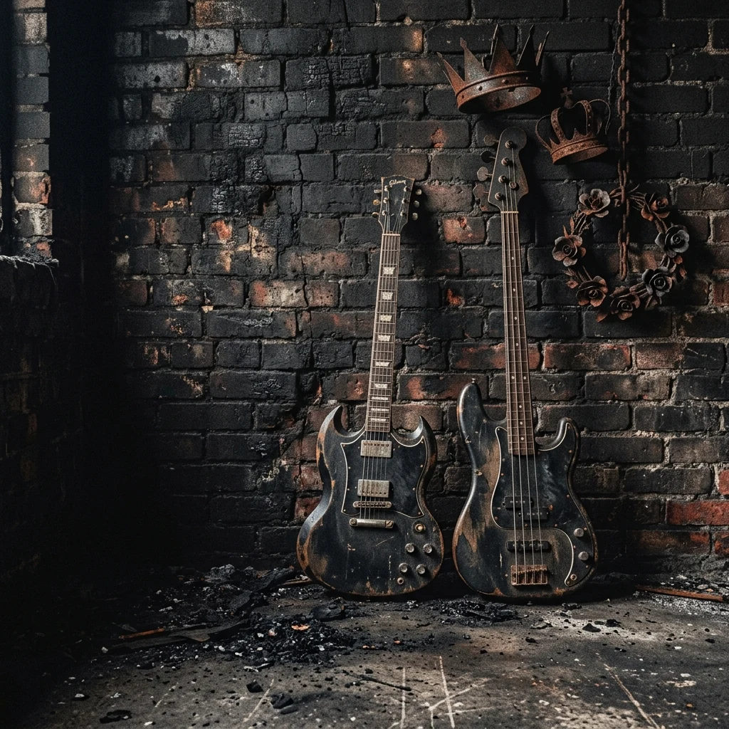 ilustración tributo de una guitarra eléctrica y un bajo apoyados contra una pared de ladrillos ennegrecida por el fuego, coronas de flores de metal oxidado al fondo, sin texto ni logotipos, atmósfera death metal old-school Birmingham, paleta rojo y negro