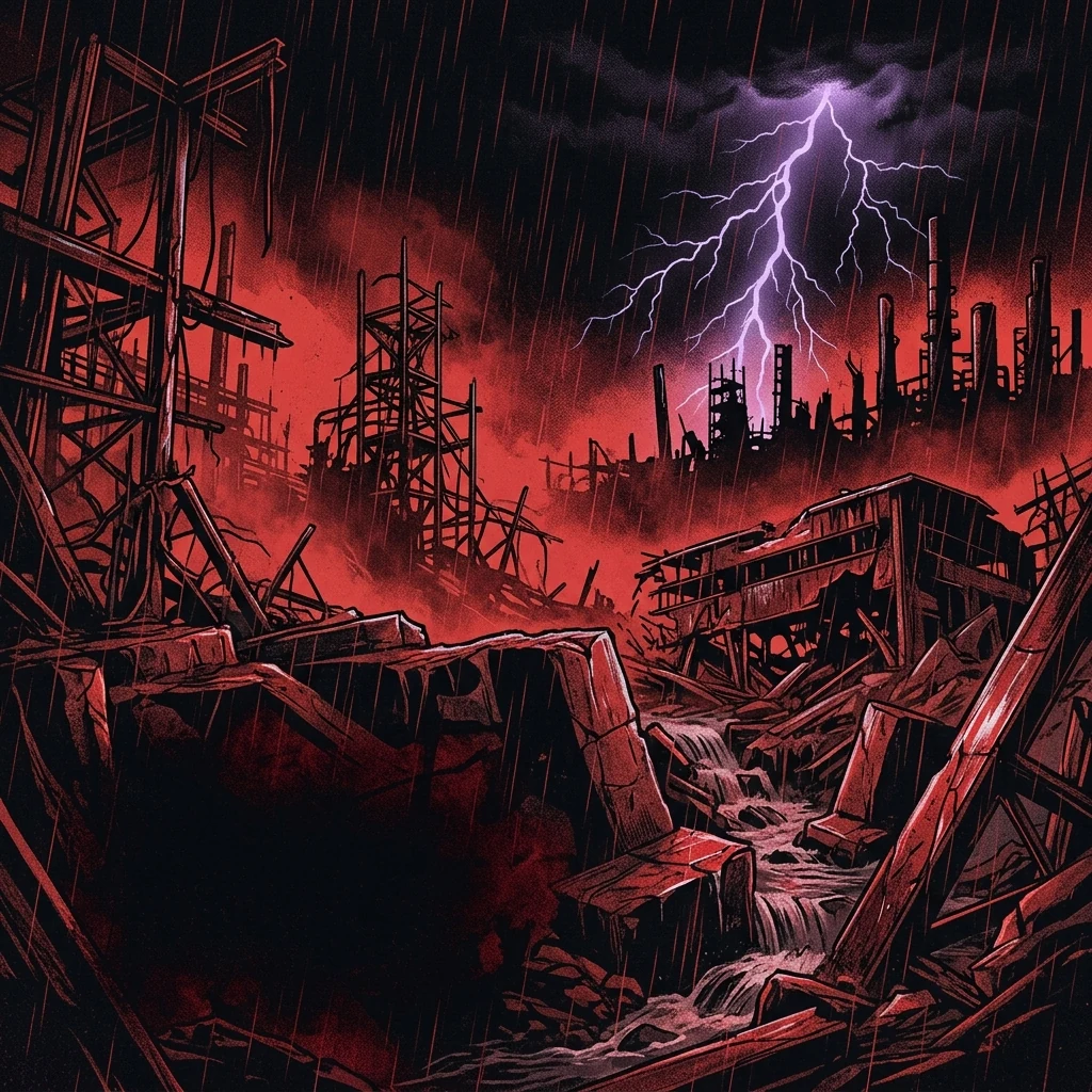 ilustración tributo de un paisaje de ruinas industriales bajo lluvia torrencial, estructuras de acero retorcido envueltas en niebla roja, relámpagos violetas en el horizonte negro, atmósfera de brutal deathcore del sur de Alemania a mediados de los 2010s, sin rostros reconocibles ni logos, paleta rojo sangre y negro abismo
