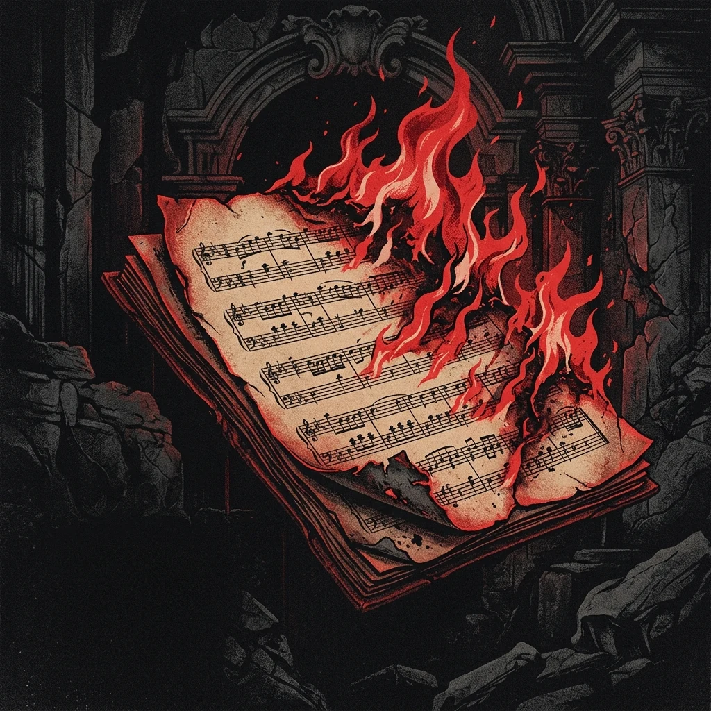 ilustración tributo de una partitura de música clásica quemándose desde los bordes, notas musicales transformándose en llamas rojas sobre un fondo de oscuridad y piedra antigua, elementos barrocos en desintegración, sin texto ni logotipos, paleta rojo sangre y negro abismo