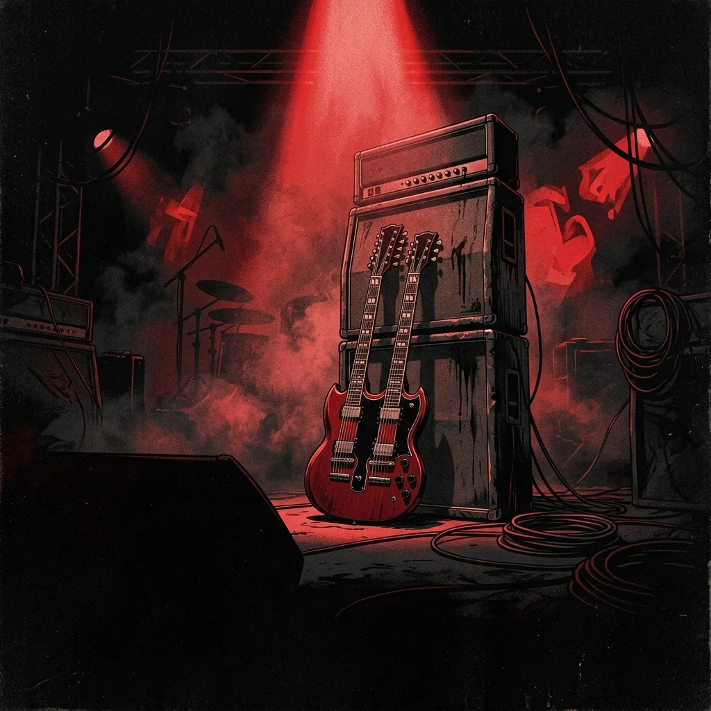ilustración tributo de una guitarra eléctrica de doble mástil frente a velas negras ardiendo sobre un altar de piedra en una cripta oscura, atmósfera heavy metal ocultista años 80, paleta rojo y negro, sin rostros reconocibles ni logos