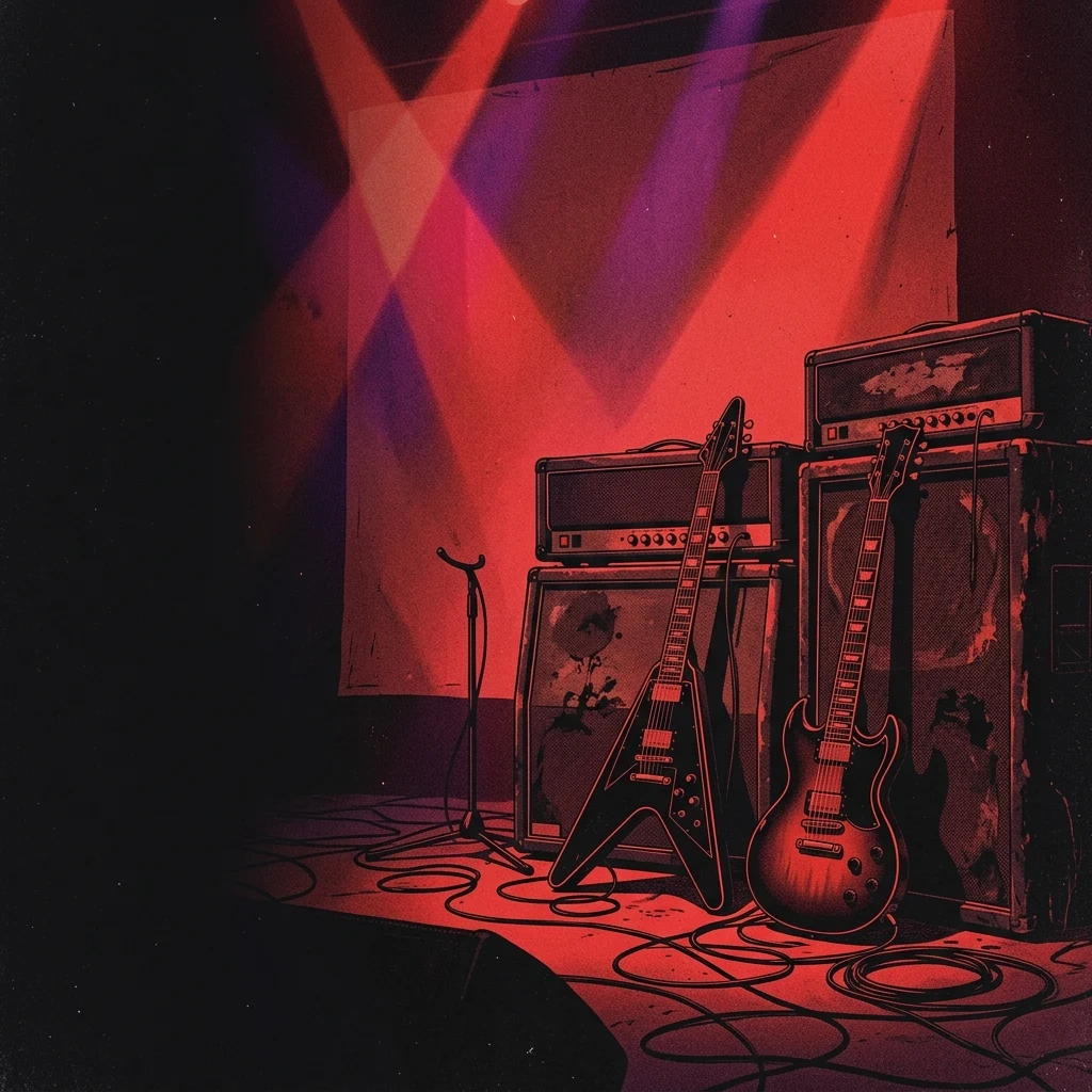 ilustración tributo de un escenario de concierto bañado en luz roja con pentagramas proyectados en el fondo y guitarras eléctricas apoyadas en amplificadores, atmósfera heavy metal oscuro reunión era 90s, sin rostros ni logos, paleta rojo y negro con destellos de púrpura