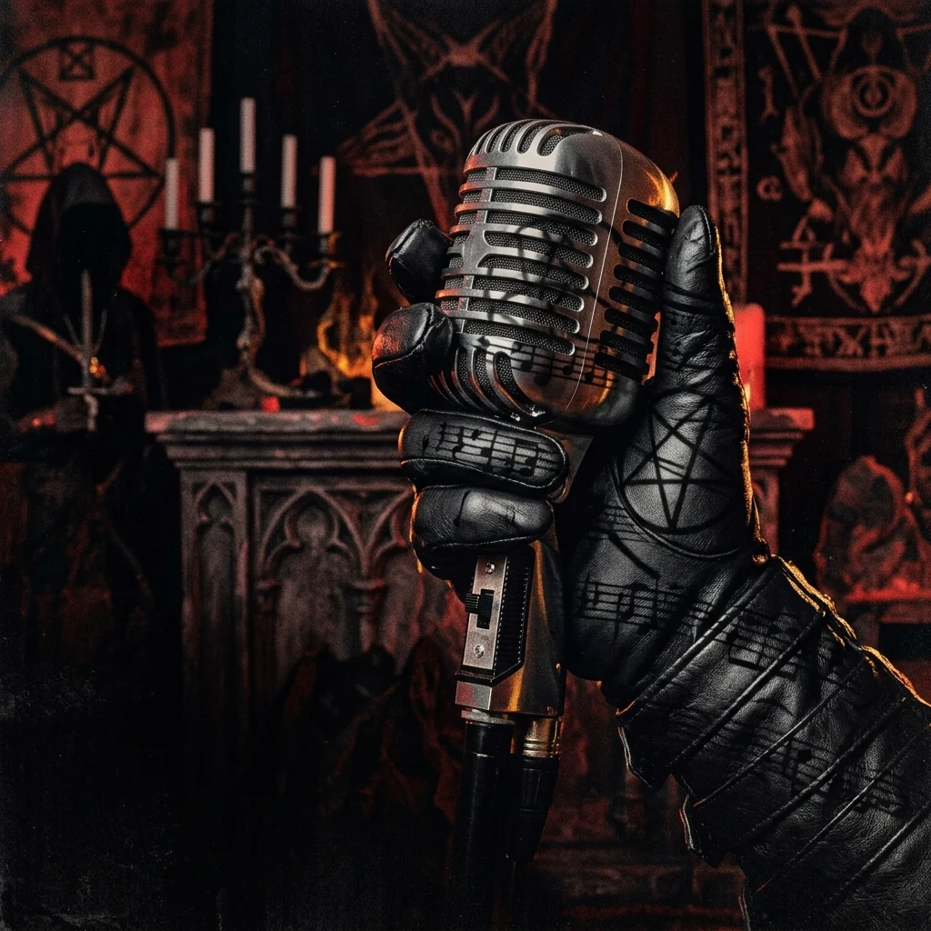 ilustración tributo de una mano enguantada de negro sosteniendo un micrófono vintage sobre el que se proyectan sombras de pentagramas, atmósfera heavy metal teatral ocultista, sin texto ni logotipos, paleta rojo y negro con destellos dorados