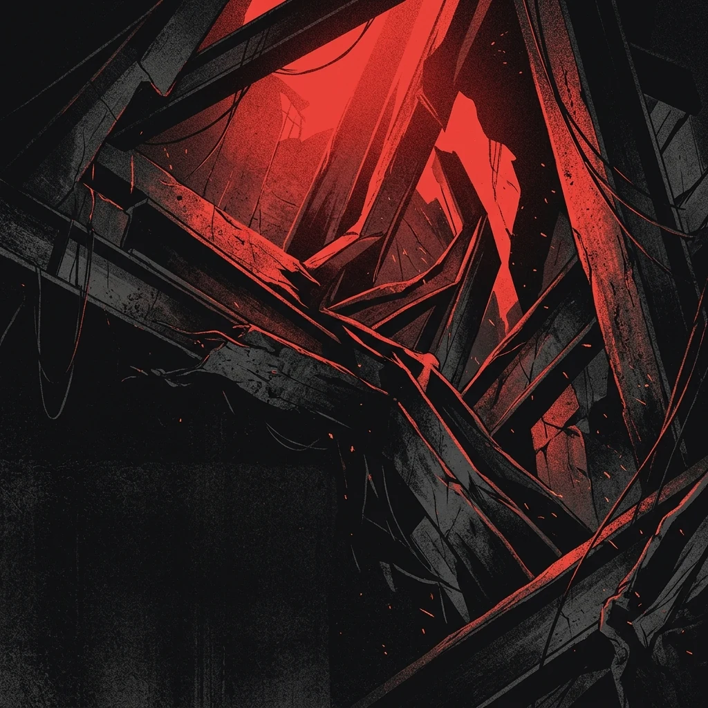 ilustración tributo de estructuras de acero y concreto que se pliegan sobre sí mismas en ángulos imposibles bajo una luz roja intensa, sin rostros ni logos, paleta rojo y negro
