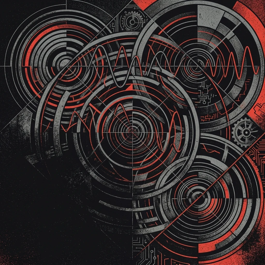 ilustración tributo de un diagrama de polirritmos y ondas sonoras entrelazadas en un espacio abstracto de acero y geometría fractal, sin texto ni logotipos, paleta rojo y negro
