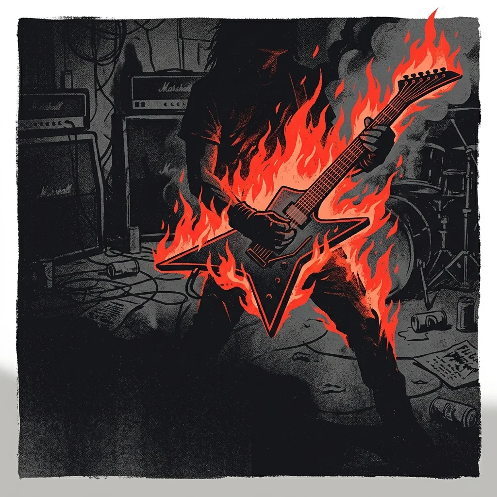 ilustración tributo de una guitarra eléctrica envuelta en llamas contra un fondo de oscuridad de garaje, atmósfera thrash metal Los Ángeles años 80, paleta rojo y negro, sin rostros reconocibles ni logos