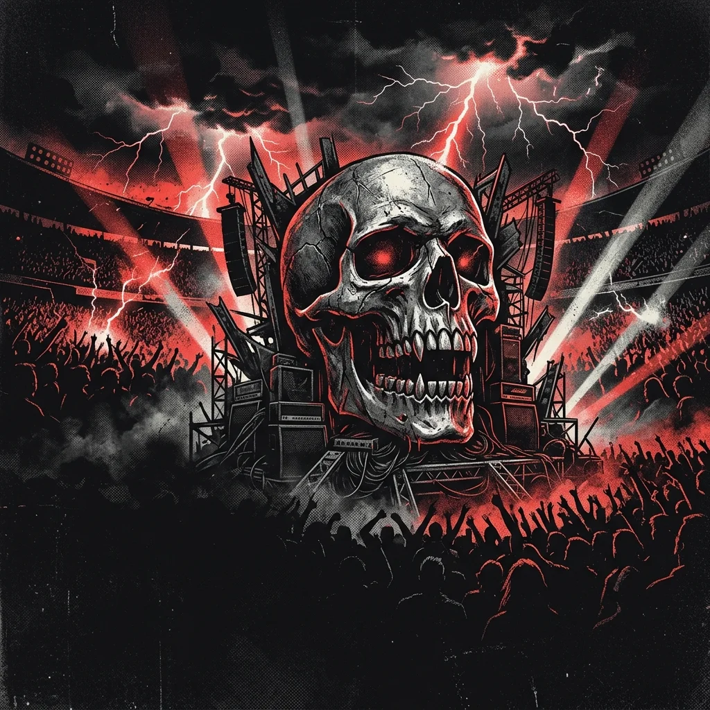 ilustración tributo de una calavera de acero bajo una tormenta eléctrica de estadio con haces de luz escénica, estética thrash metal masivo años 90, paleta rojo y negro, sin rostros ni logos