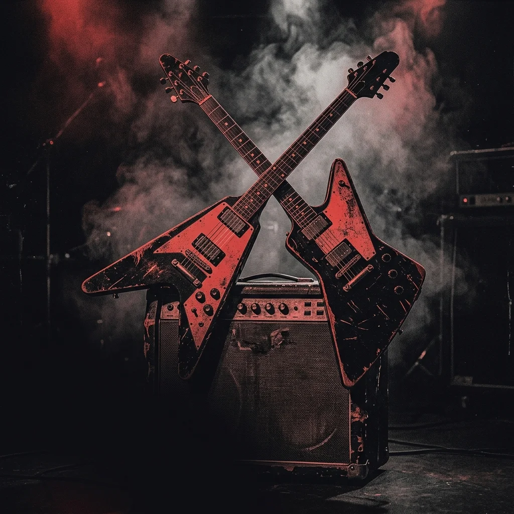 ilustración tributo de dos guitarras eléctricas cruzadas sobre un amplificador vintage rodeado de niebla de estadio, atmósfera de thrash metal clásico, paleta rojo y negro, sin texto ni logotipos