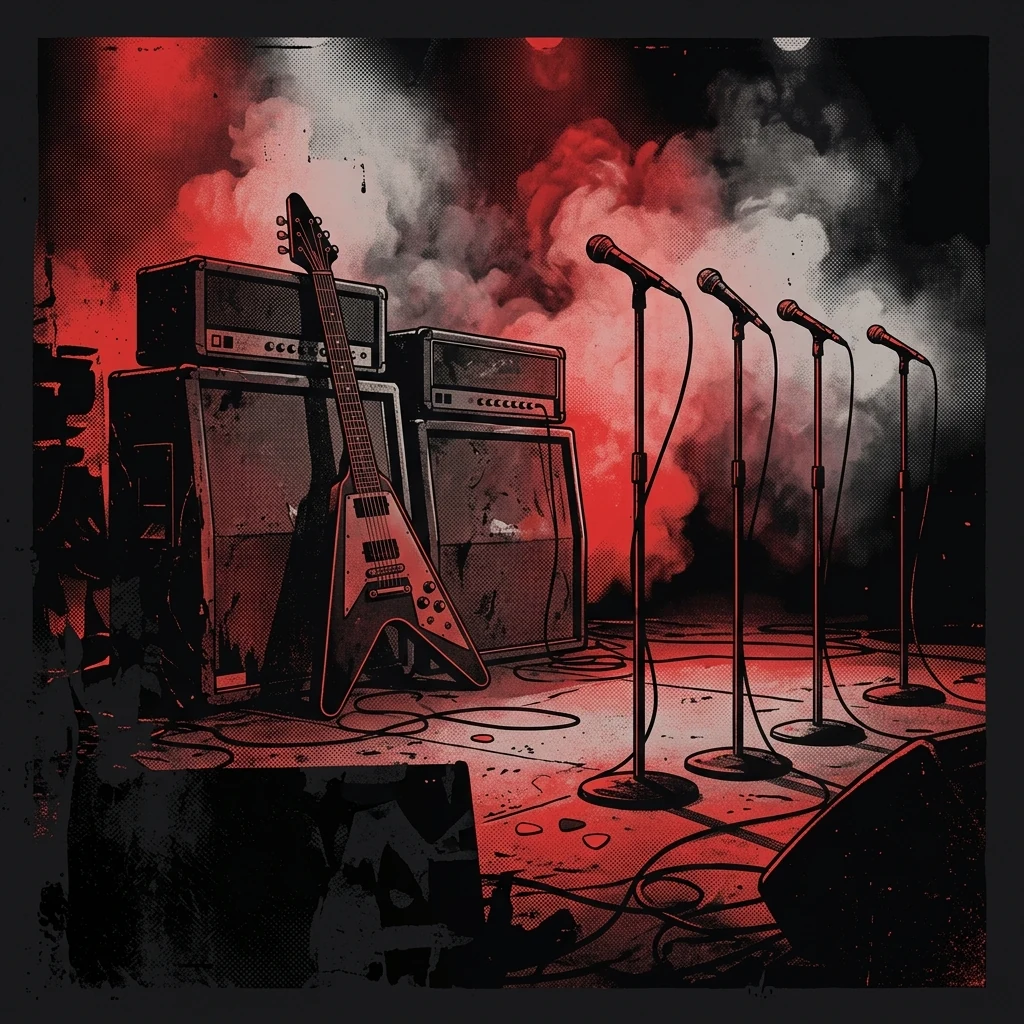 ilustración tributo de una guitarra Flying V sobre un fondo de humo rojo y negro, escena de estadio de los años 80, cuatro micrófonos en fila bajo luz tenue, sin rostros reconocibles ni logos, paleta rojo y negro