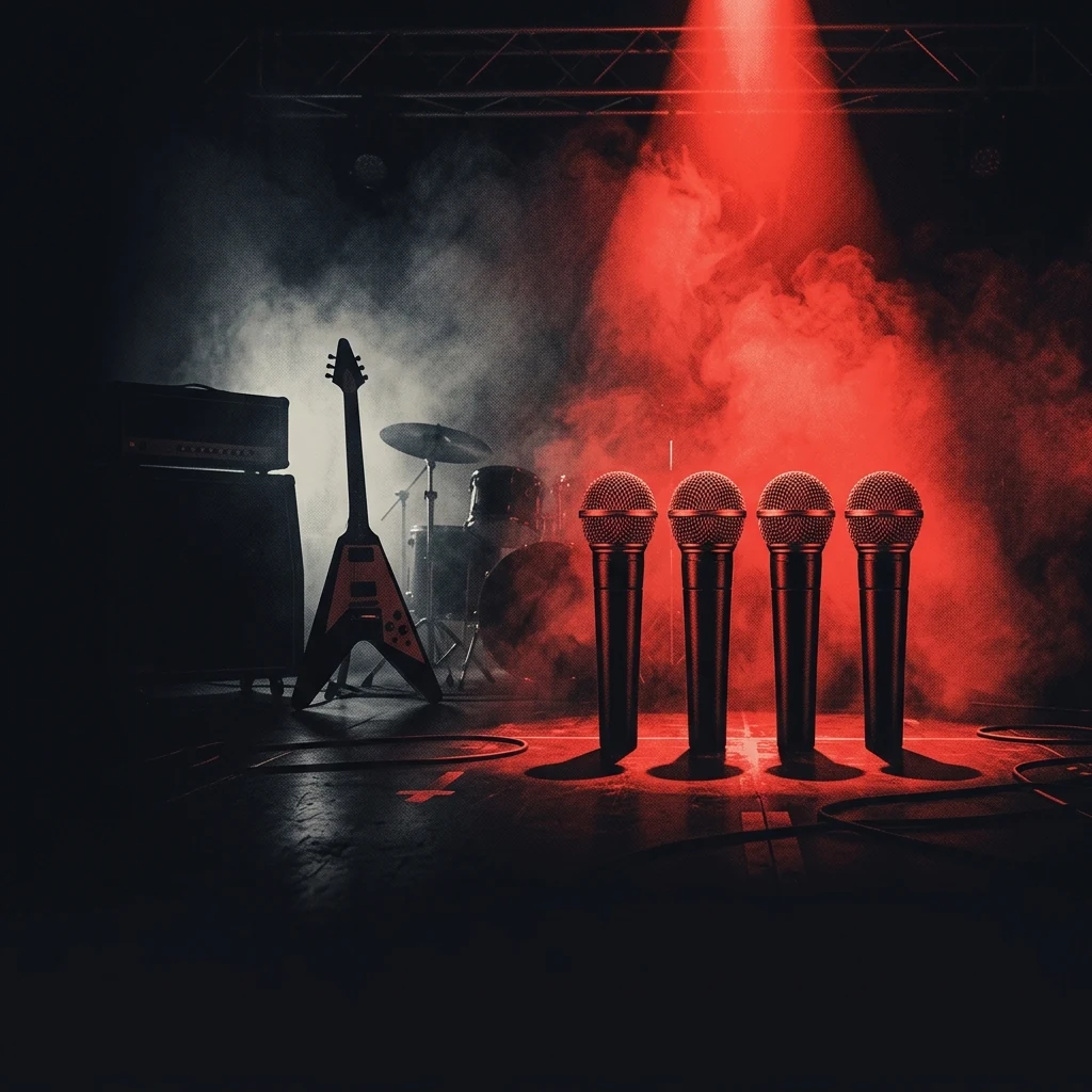 ilustración tributo de cuatro micrófonos en hilera bajo un haz de luz roja en un escenario envuelto en humo de estadio, silueta de guitarra Flying V al fondo, paleta rojo y negro profundo, sin rostros reconocibles ni logos