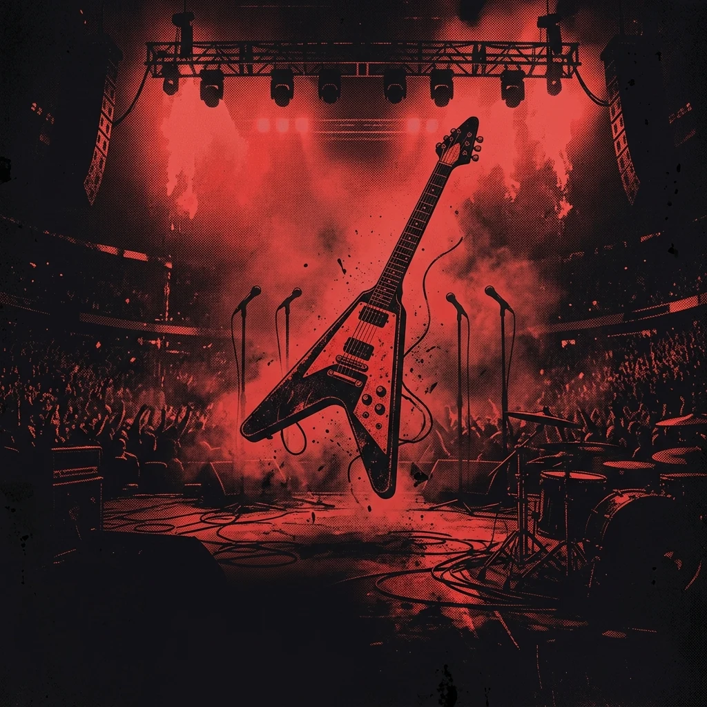 ilustración tributo de una guitarra Flying V flotando sobre un escenario en penumbra roja, cuatro micrófonos en silueta al fondo, ambiente de concierto de hard rock clásico de estadio, paleta rojo y negro, sin texto ni logotipos