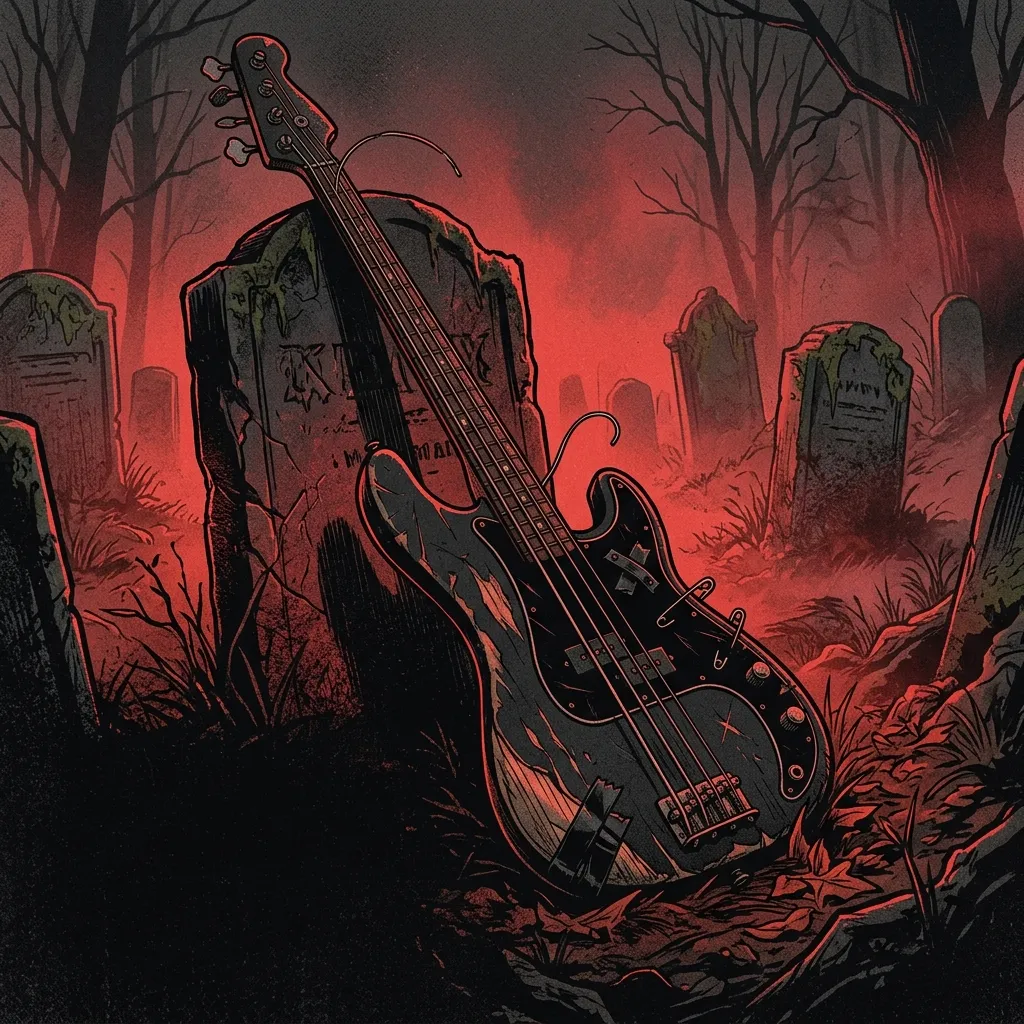 ilustración tributo de una guitarra eléctrica roja y un bajo negro sobre un fondo de niebla y calaveras esquemáticas, atmósfera horror punk Nueva Jersey 1977, luces de neón rojo y sombras profundas, sin rostros reconocibles ni logos