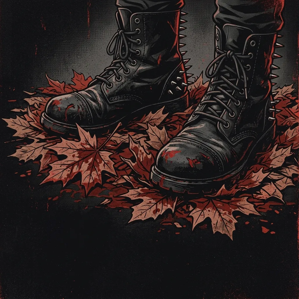 ilustración tributo de un escenario punk oscuro iluminado por destellos rojos, siluetas de instrumentos eléctricos y calaveras estilizadas en el fondo, estética horror punk años 80 y 90, paleta rojo y negro, sin rostros ni logos