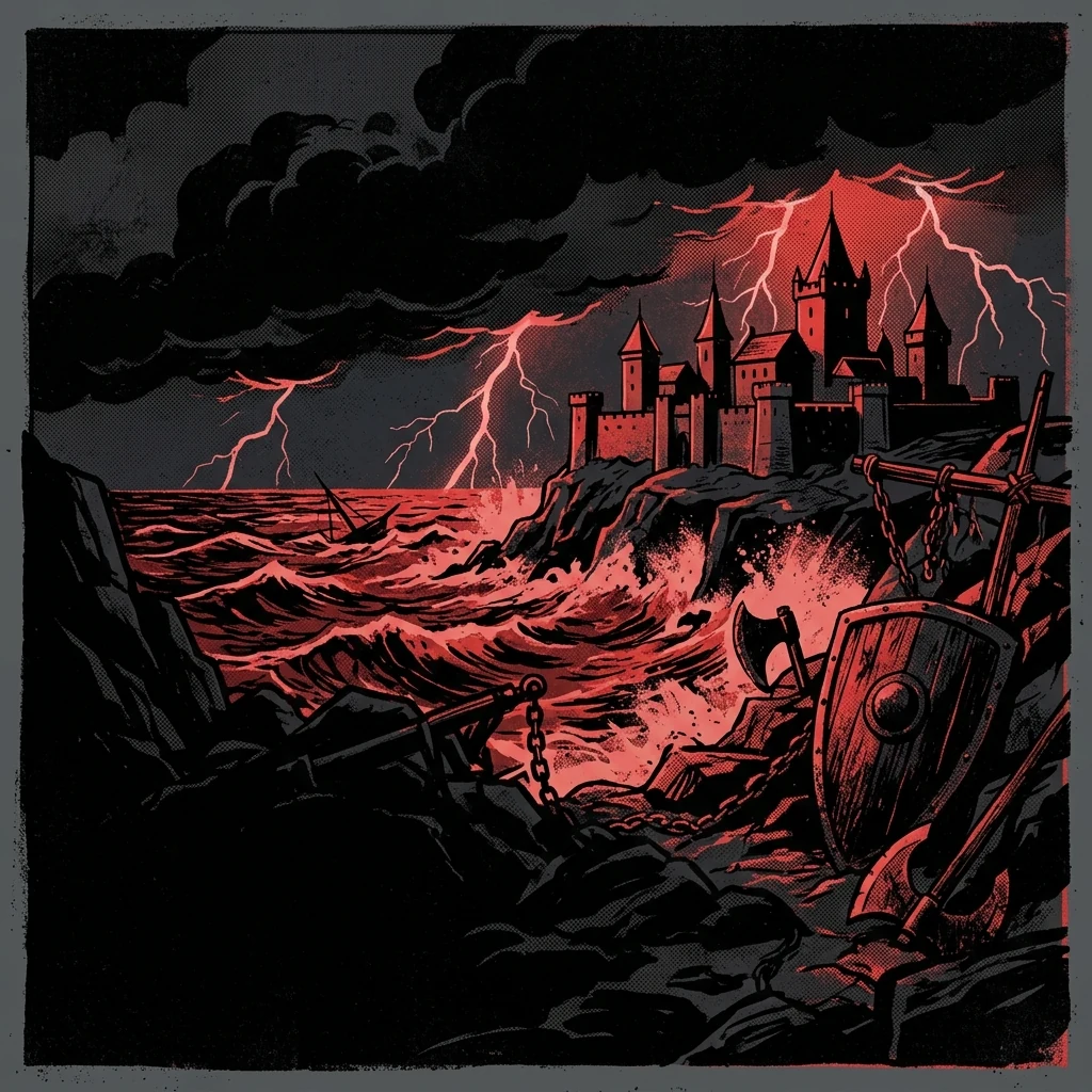 ilustración tributo de un castillo medieval en la costa del mar del norte bajo tormenta eléctrica, rayos en el horizonte y oleaje violento, paleta rojo y negro sin rostros ni logos