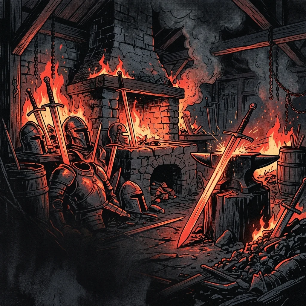 ilustración tributo de una forja medieval con espadas y armaduras en llamas, luz cálida dramática sobre metal candente, paleta rojo y negro, sin rostros reconocibles ni logotipos