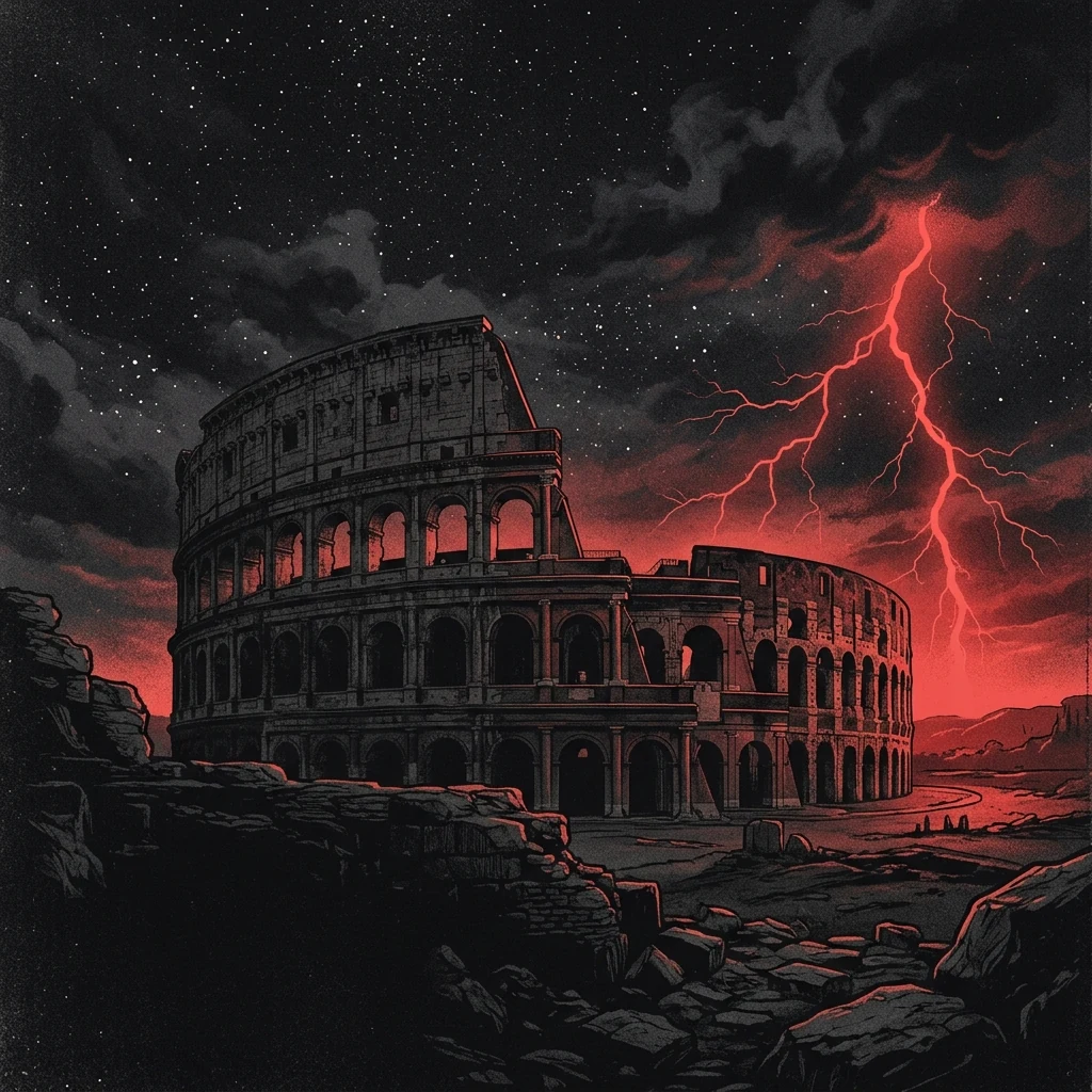 ilustración tributo de un coliseo antiguo bajo un cielo estrellado con relámpagos distantes, atmósfera épica y grandiosa, paleta rojo y negro, sin texto ni logotipos visibles