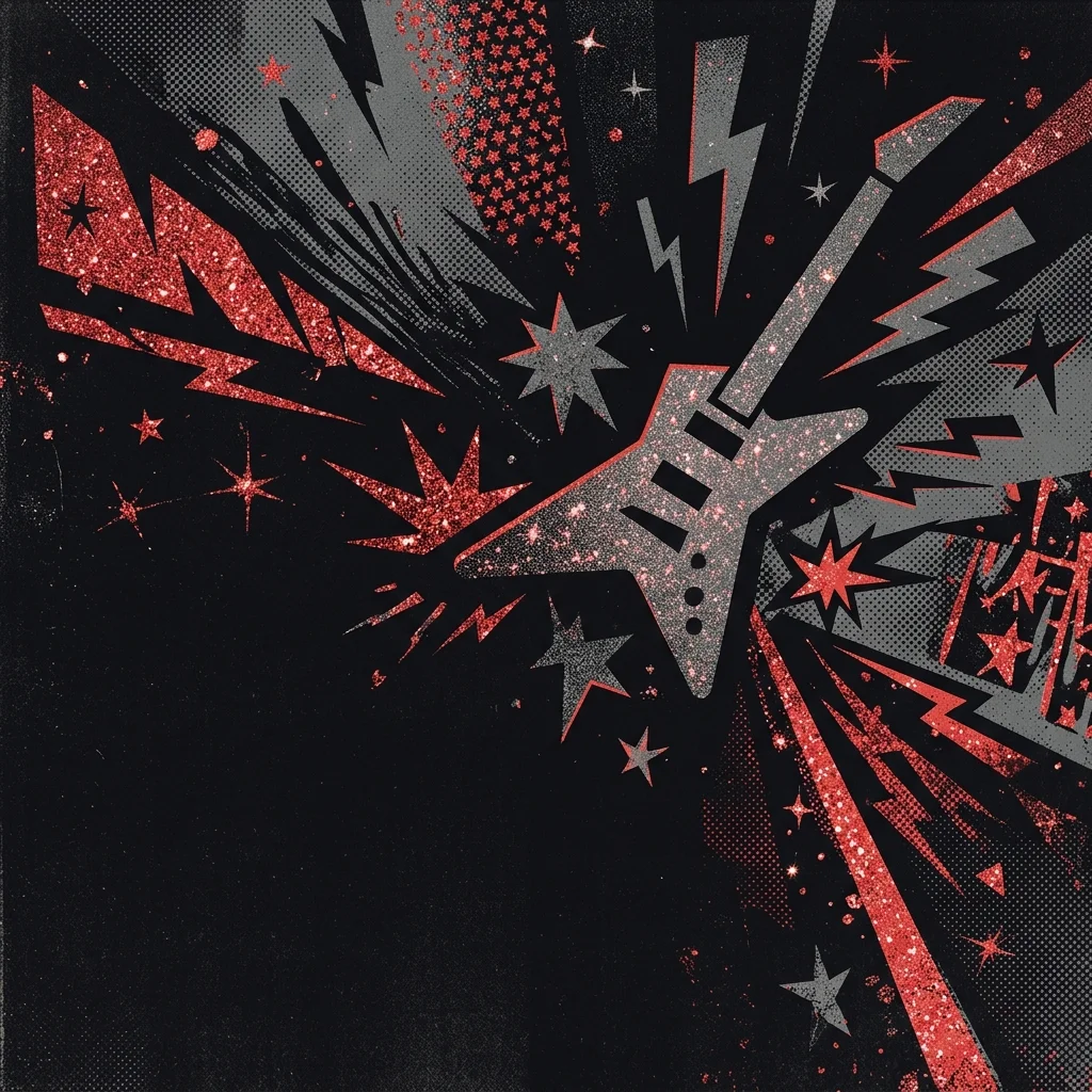 ilustración tributo de iconografía glam rock ochentera —rayos, estrellas, guitarra brillante— sobre fondo negro con destellos rojos, estética exagerada y divertida, sin rostros ni logos
