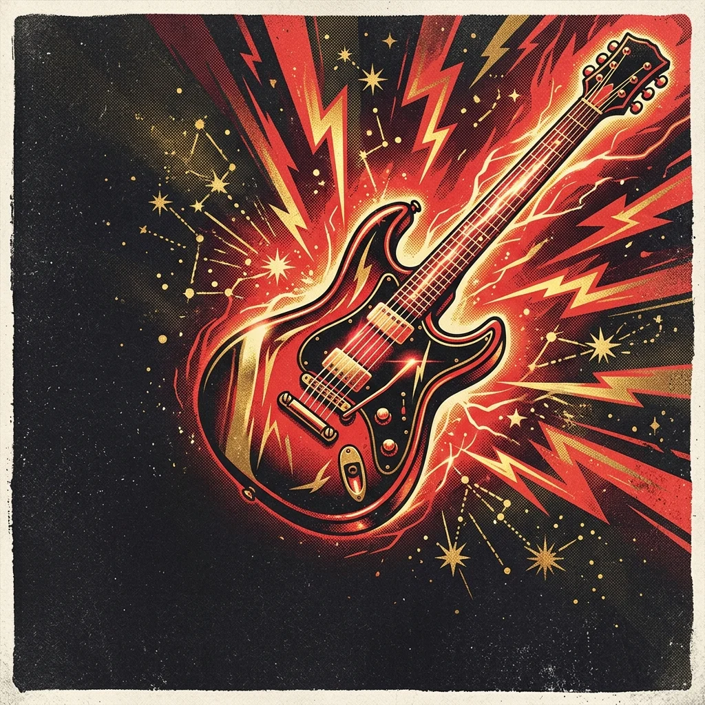 ilustración tributo de una guitarra eléctrica brillante rodeada de rayos y estrellas glam, estética ochentera exagerada, paleta rojo y negro con dorado, sin texto ni logotipos