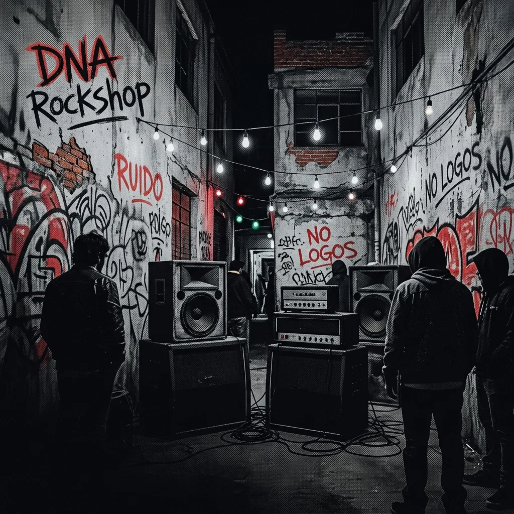 ilustración tributo gritty de un barrio urbano de CDMX de mediados de los 90, paredes de concreto con grafiti rojo y negro, siluetas angulares de equipos de audio sin marcas, atmósfera nocturna de garage, sin rostros ni logos