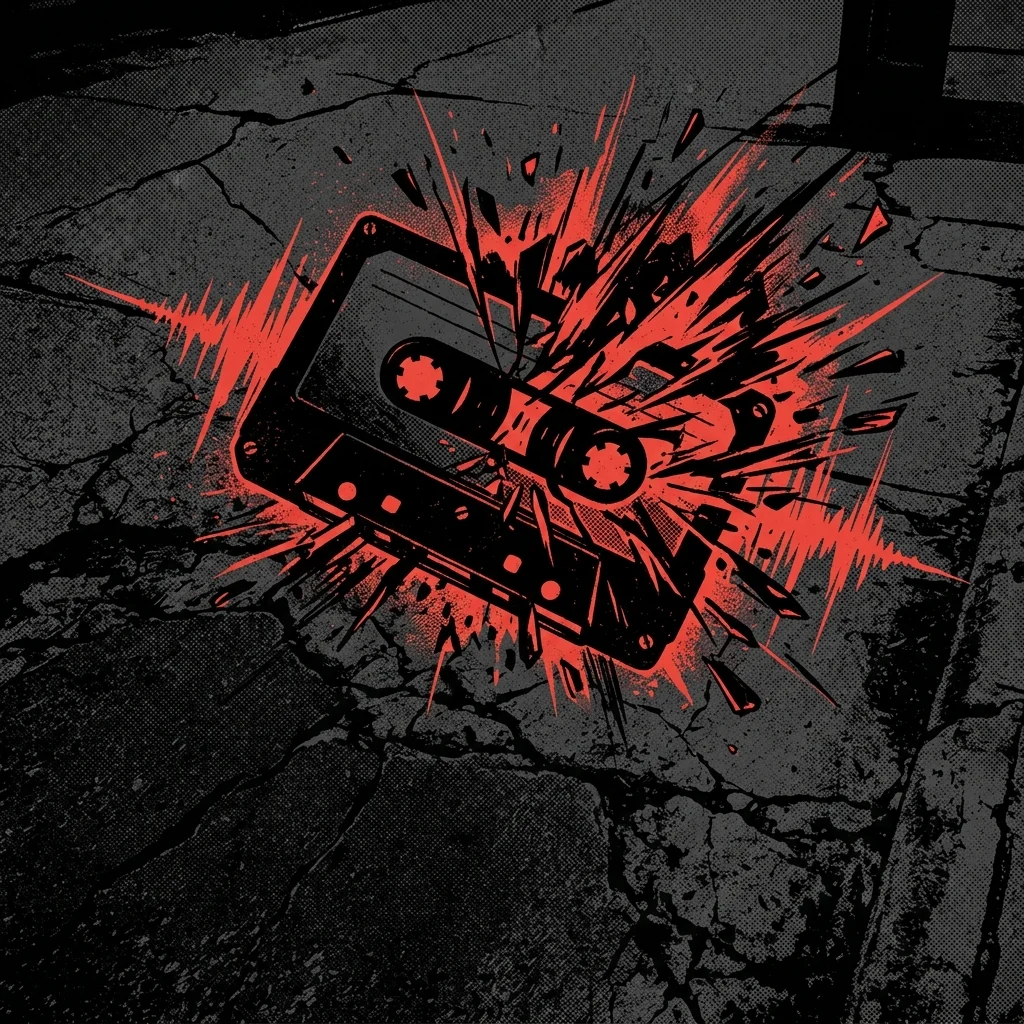 ilustración tributo al debut de Molotov en 1997, silueta estilizada de una cinta de cassette explotando con ondas de sonido rojas y negras sobre fondo urbano de asfalto agrietado, arte gráfico crudo tipo fanzine, sin rostros ni logos
