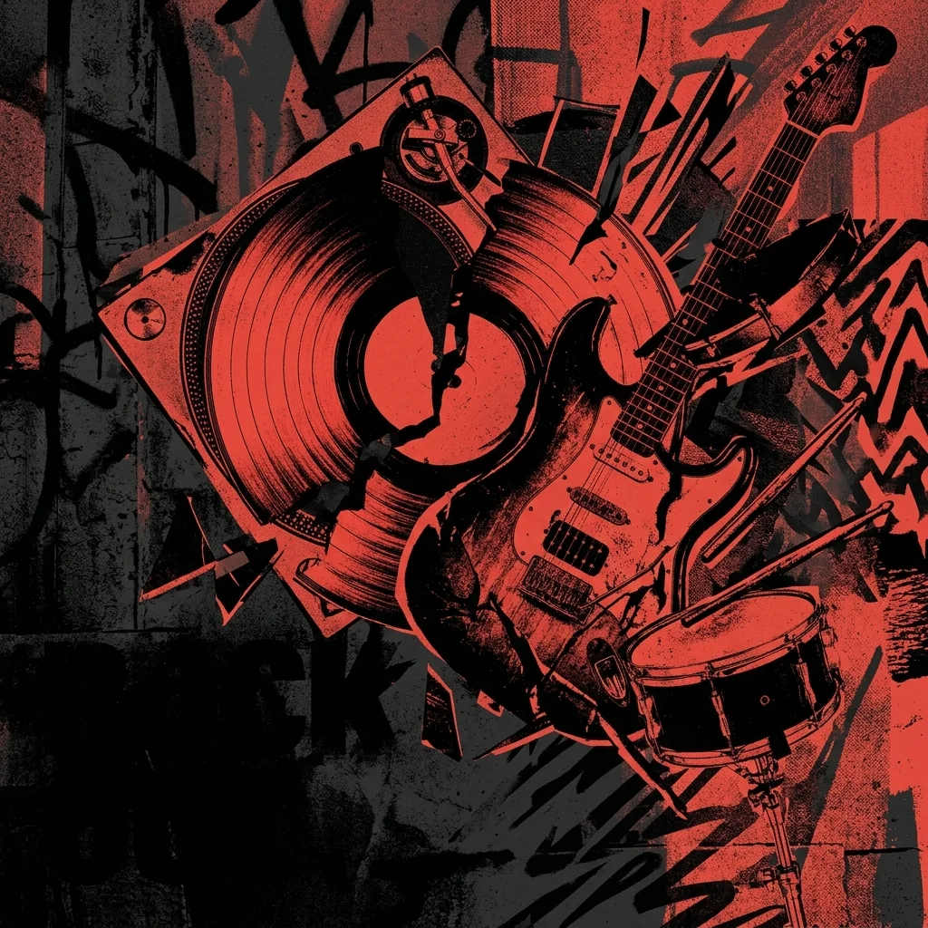 ilustración tributo a la mezcla musical de Molotov, espiral de vinilo rojo partido a la mitad con fragmentos de turntable, guitarra eléctrica distorsionada y redoble de batería fusionados en un collage expressionista negro y rojo, urbano y visceral, sin rostros ni logos