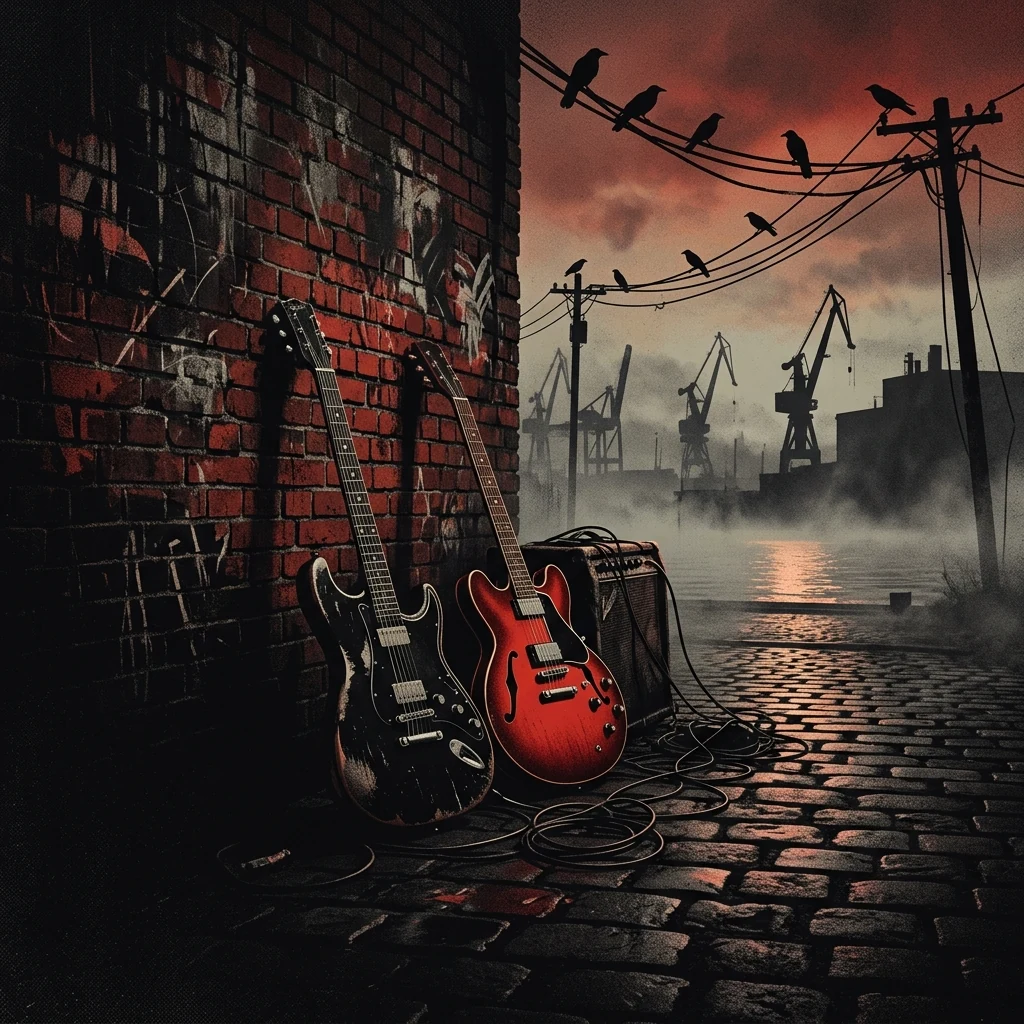 ilustración tributo de un puerto neblinoso al amanecer con guitarras eléctricas apoyadas contra una pared de ladrillo rojo oscuro, cuervos posados en cables de electricidad, atmósfera dark rock Hamburgo años 2000, sin rostros reconocibles ni logos, paleta rojo y negro