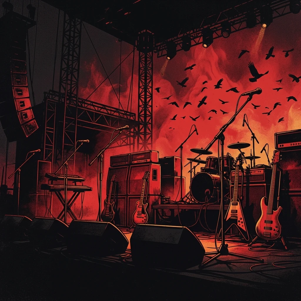 ilustración tributo de un escenario de concierto masivo bajo luz roja intensa con siluetas de cuervos en vuelo sobre el fondo, guitarras y micrófonos iluminados, atmósfera épica gothic metal contemporáneo, sin rostros ni logos, paleta rojo y negro con destellos de ámbar