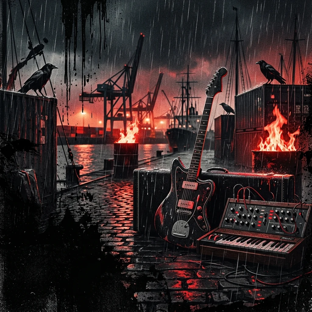ilustración tributo de una guitarra eléctrica y un sintetizador vintage sobre un fondo de lluvia nocturna en el puerto de Hamburgo, cuervos y llamas como elementos visuales, atmósfera dark rock industrial gótico alemán, sin texto ni logotipos, paleta rojo y negro con destellos plateados