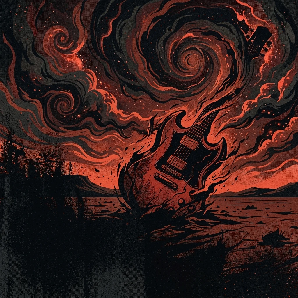 ilustración tributo de una guitarra eléctrica distorsionada entre espirales cósmicas y humo psicodélico en un desierto nocturno, atmósfera pesada y expansiva, paleta rojo y negro, sin rostros reconocibles ni logos