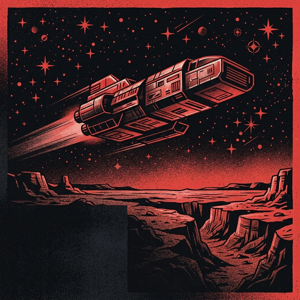 ilustración tributo de una nave espacial de los años 70 atravesando un campo de estrellas rojas sobre un horizonte desértico, estética retrofuturista, paleta rojo y negro, sin rostros ni logos