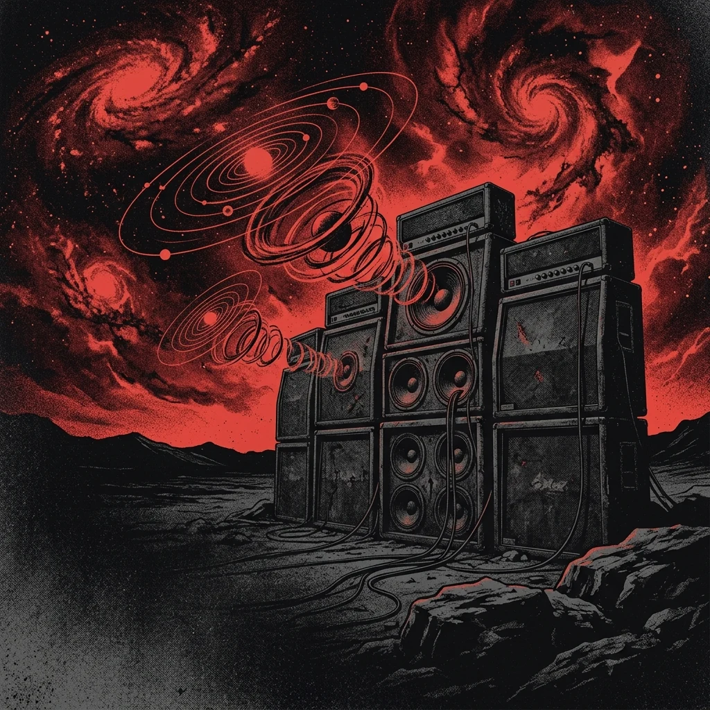 ilustración tributo de amplificadores gigantes bajo un cielo de galaxias rojas con ondas sonoras que se transforman en espirales planetarias, estética space rock de los 90, paleta rojo y negro, sin texto ni logotipos